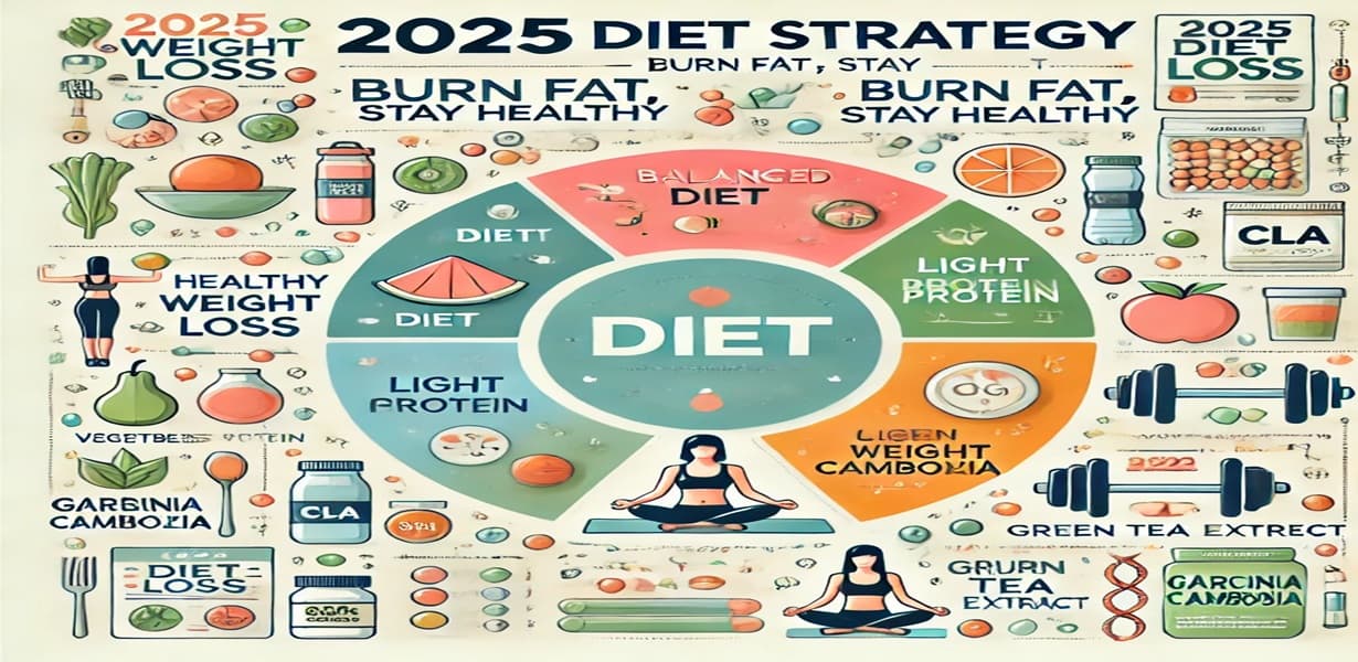 2025년 다이어트 전략을 주제로 한 균형 잡힌 식단, 운동, 영양제를 시각화한 인포그래픽 이미지
