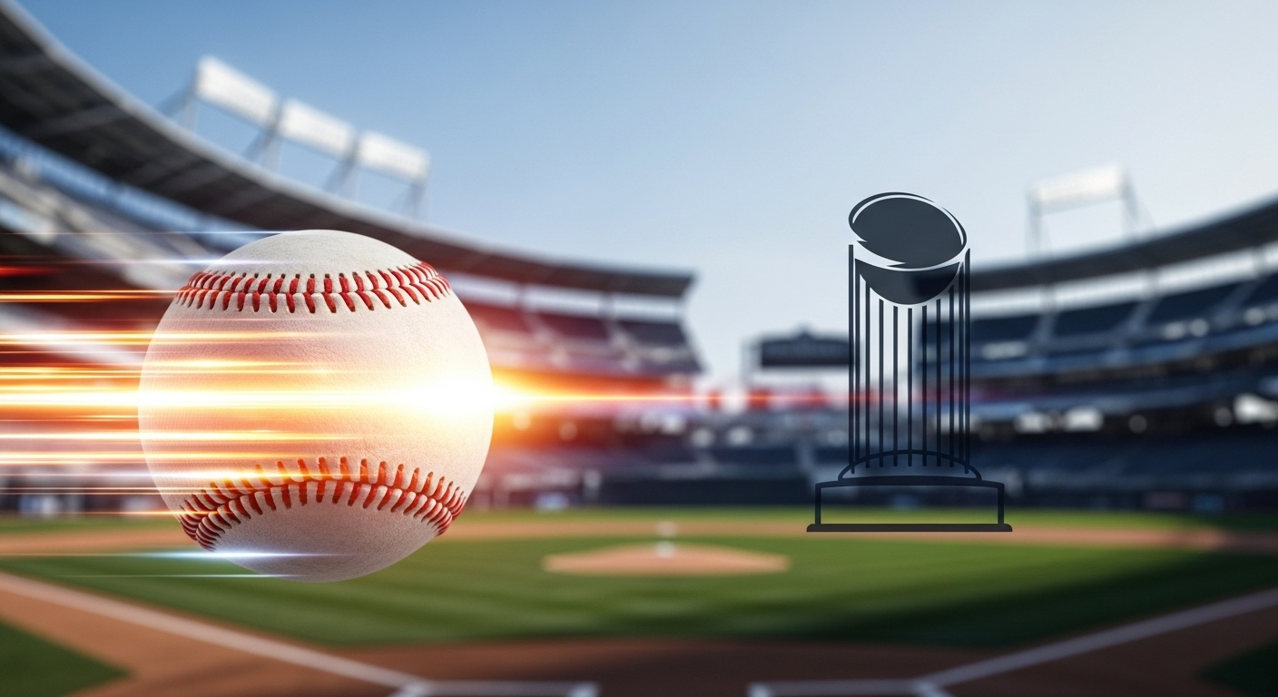 2026 MLB 시즌을 상징하는 역동적인 야구공 이미지. 빛의 궤적과 함께 우승 트로피의 실루엣이 보여 미래 시즌에 대한 기대감과 새로운 시작을 암시한다.