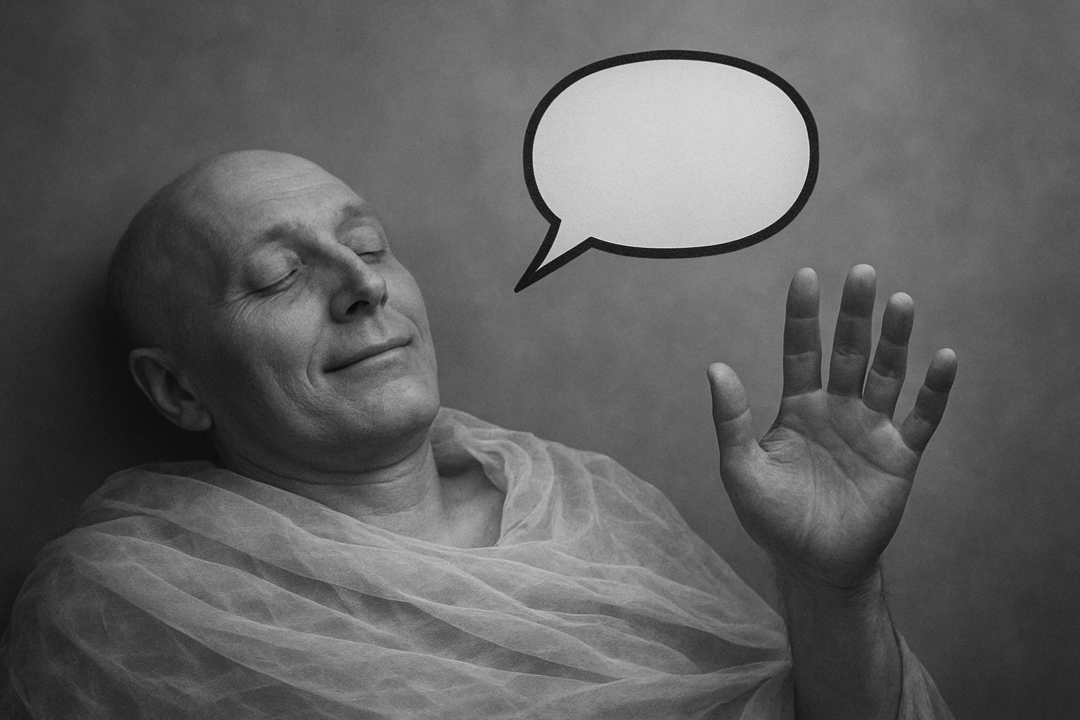 잿빛 배경 위에 죽은 사람이 말을 거는 장면