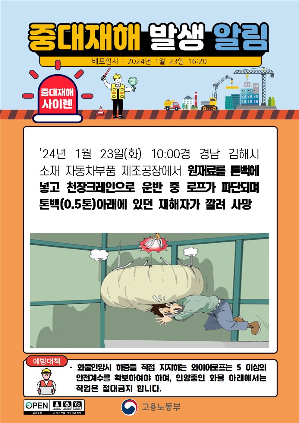 천장크레인으로 톤백 운반 중 로프가 파단되며 깔림