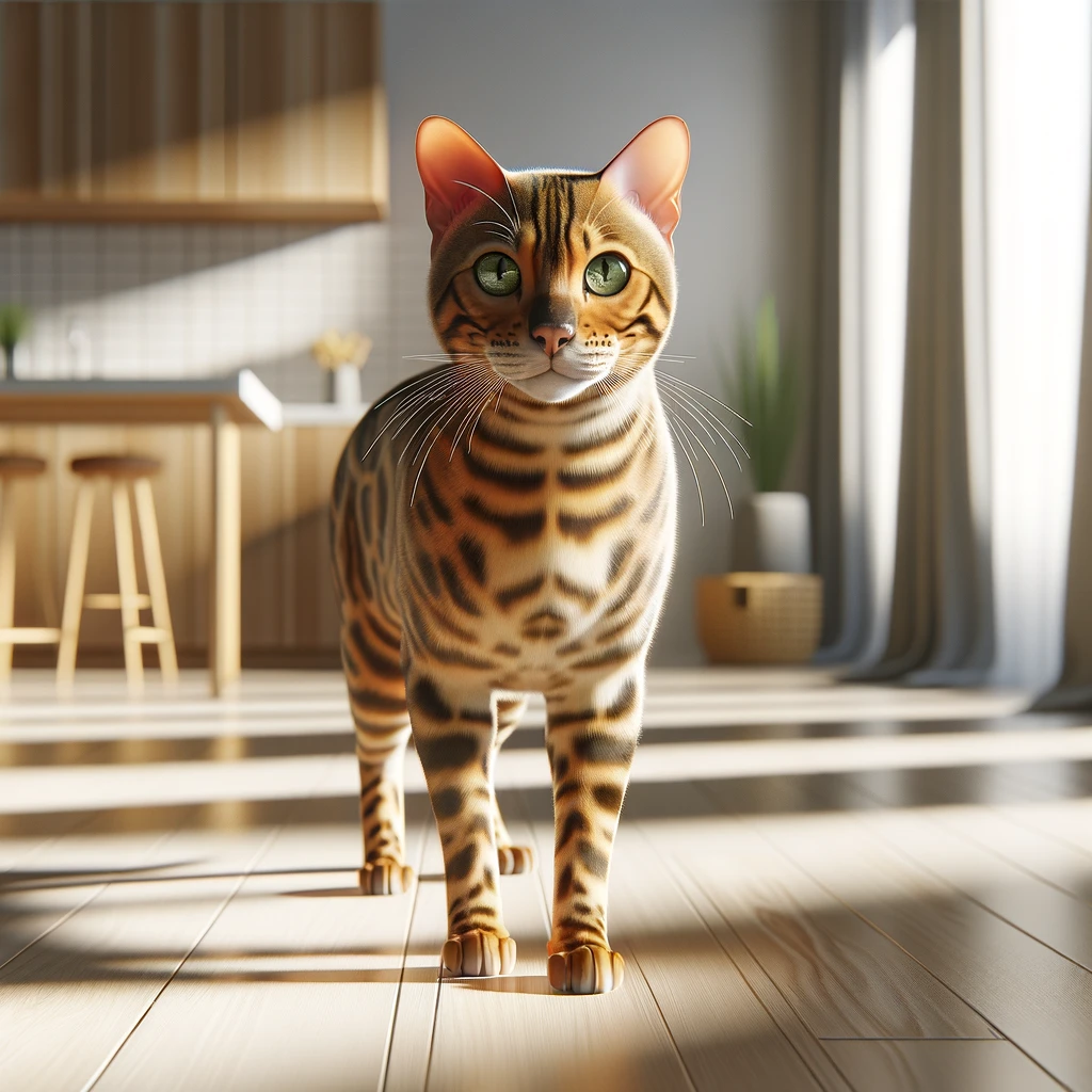 금갈색 바탕에 짙은 무늬가 선명한 벵갈 고양이가 실내 원목 바닥 위에서 경계심 가득한 눈빛으로 서 있는 모습.