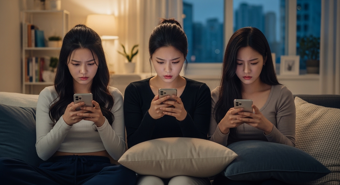 찌푸린 표정으로 폰을 보는 여성들