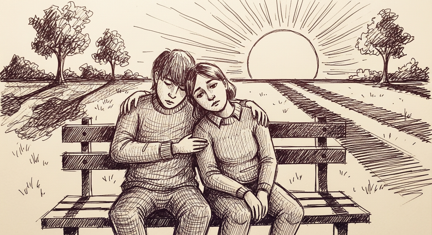 벤치에서 슬픈 친구를 위로하는 장면
