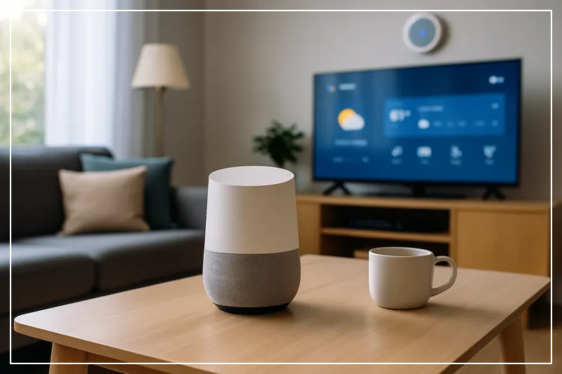 스마트 스피커와 스마트 TV가 있는 현대적인 거실 공간을 표현한 이미지