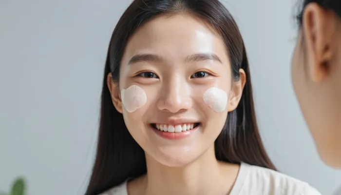 창가에서 패치를 붙인 후 맑은 피부로 미소 짓는 여성