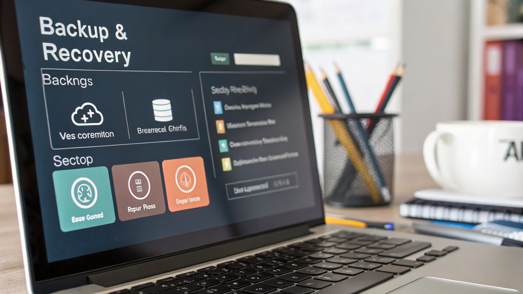 노트북 화면에 'Backup & Recovery'라는 제목과 함께 백업 및 복구 관련 그래픽 인터페이스가 표시되어 있음. 화면 속 텍스트는 'Ves coremiton', 'Recpr Plass' 등 철자 오류가 있는 의미 없는 단어들로 구성되어 있음. 노트북은 책상 위에 놓여 있고, 옆에는 연필꽂이, 펜, 노트, 흰색 머그컵 등이 배치된 사무실 또는 홈오피스 환경