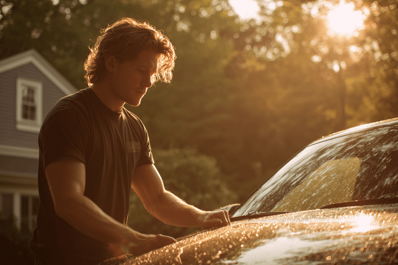 집-앞에서-자동차를-관리하고-있는-남자