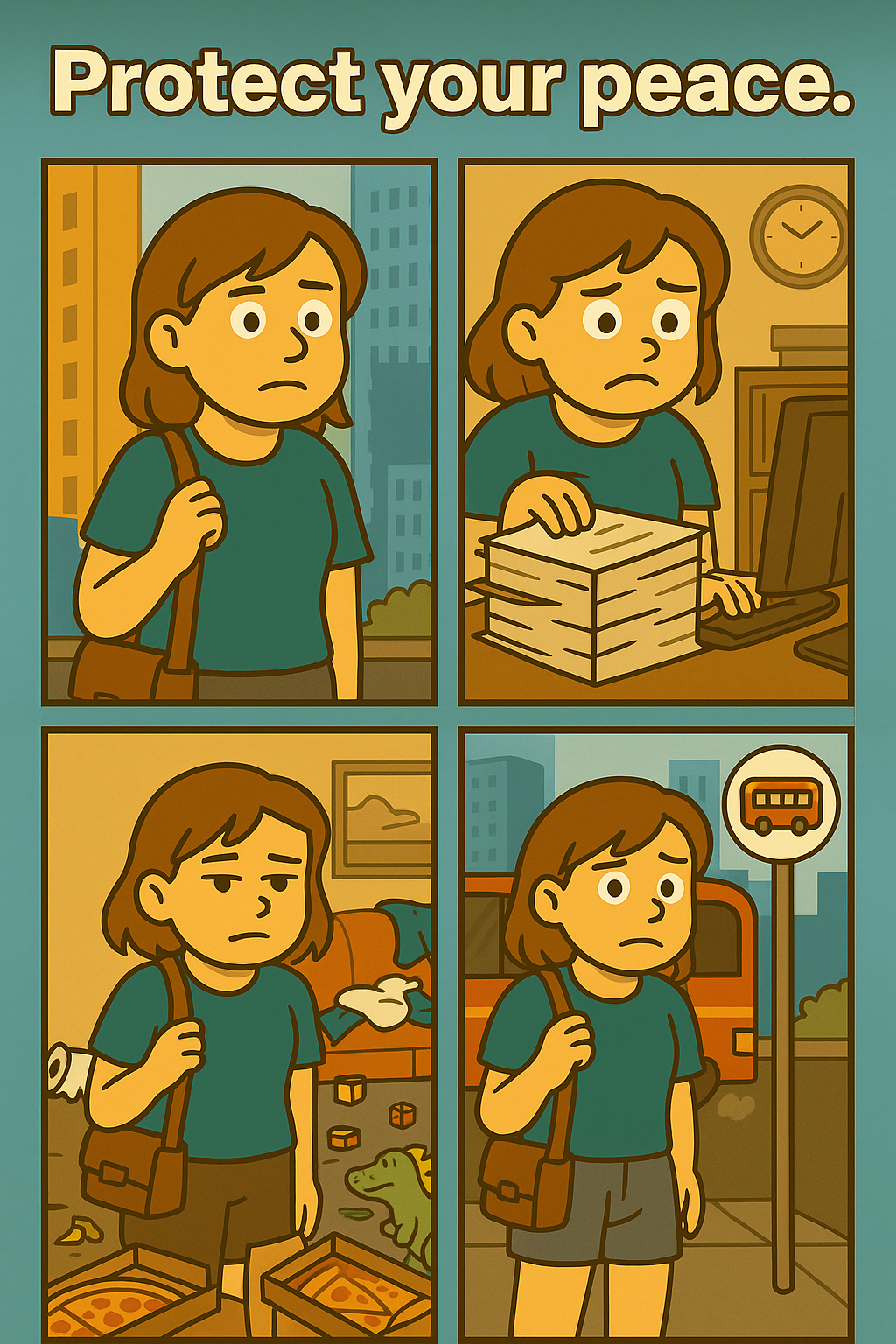 &ldquo;Protect your peace&rdquo;라는 문구와 함께, 지친 얼굴의 여성 캐릭터가 출근길, 업무 중, 집안일, 버스 정류장 등 일상 속 다양한 스트레스를 겪는 장면이 4컷 만화 형식으로 담겨 있다. 바쁜 일상 속에서도 평온을 지키자는 메시지를 전하는 감성 일러스트.
