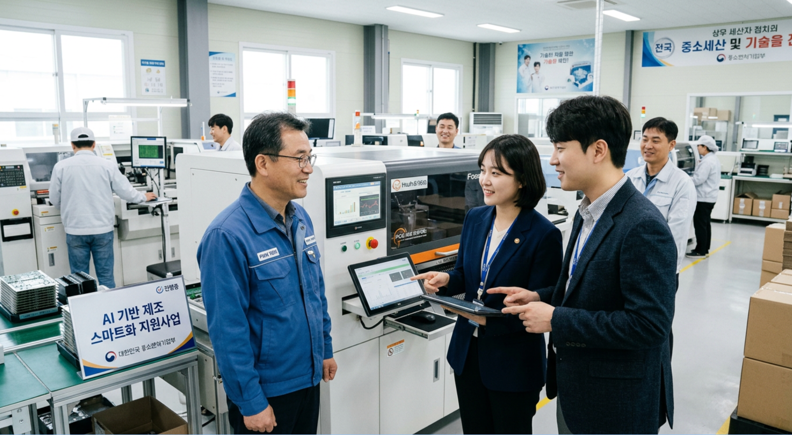 정부 지원을 받아 AI 기술을 도입하는 중소 제조기업의 모습으로, 담당자들이 협력하여 스마트팩토리를 구축하고 있습니다.