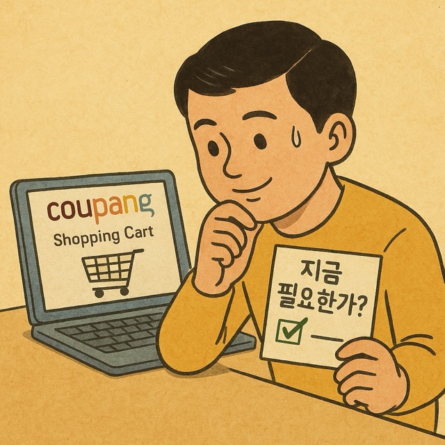 쿠팡 장바구니를 보며 ‘지금 필요한가?’ 체크리스트를 확인하는 주인공