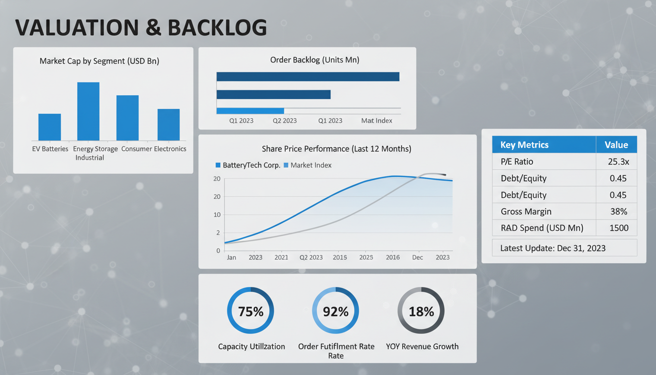 삼성SDI의 밸류에이션과 수주잔고 현황을 직관적으로 보여주는 금융 분석 대시보드 그래픽