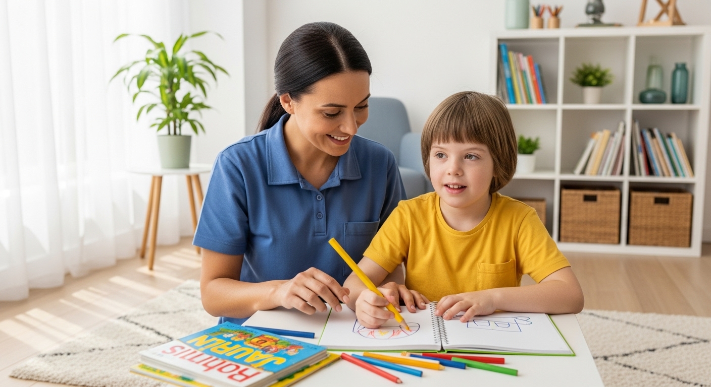 부모가 책상에 앉아 지원 신청 서류를 꼼꼼히 작성하는 모습. 옆에는 필요한 서류와 관련 정보가 놓여 있어 신청 과정을 나타낸다.