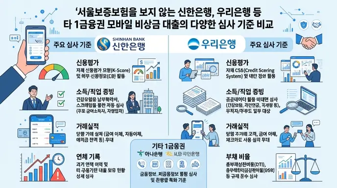 서울보증보험을 보지 않는 신한은행, 우리은행 등 타 1금융권 모바일 비상금 대출의 다양한 심사 기준 비교