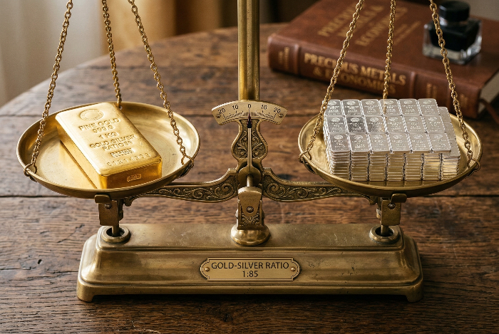 금 대비 은 가격의 저평가 상태를 보여주는 금은비 시각 자료.