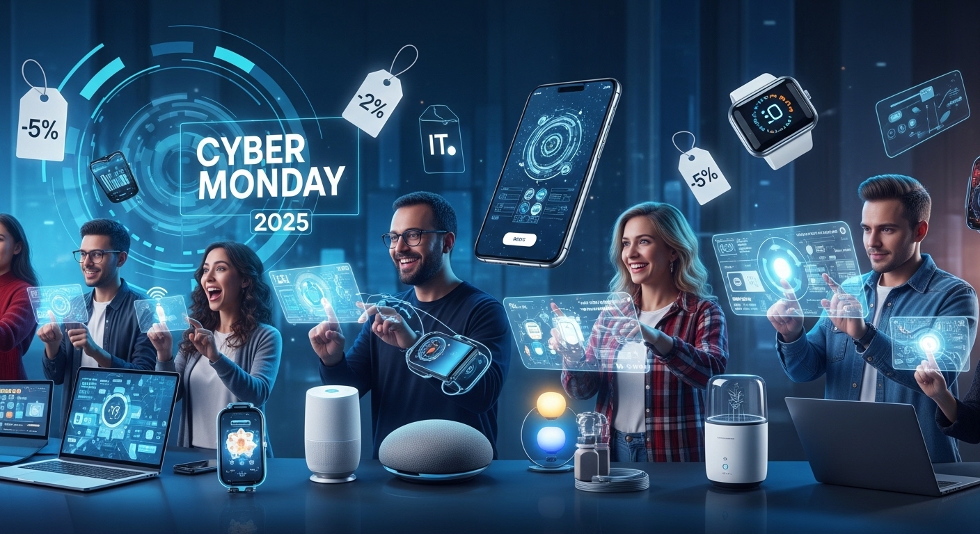 2025년 사이버 먼데이, 사람들이 노트북과 스마트폰으로 온라인 쇼핑을 즐기는 모습. 다채로운 디지털 할인 태그와 전자제품들이 화면을 가득 채우고 있으며, 미래지향적인 블루-그레이 배경이 역동적인 분위기를 더합니다.