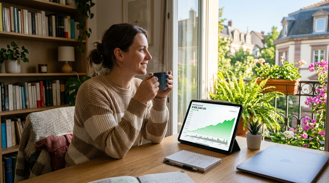 따뜻한 봄볕이 내리쬐는 창가에서 여유롭게 커피를 마시며, 스마트폰으로 코스닥 3,000 시대를 향한 우상향 그래프를 확인하는 행복한 모습