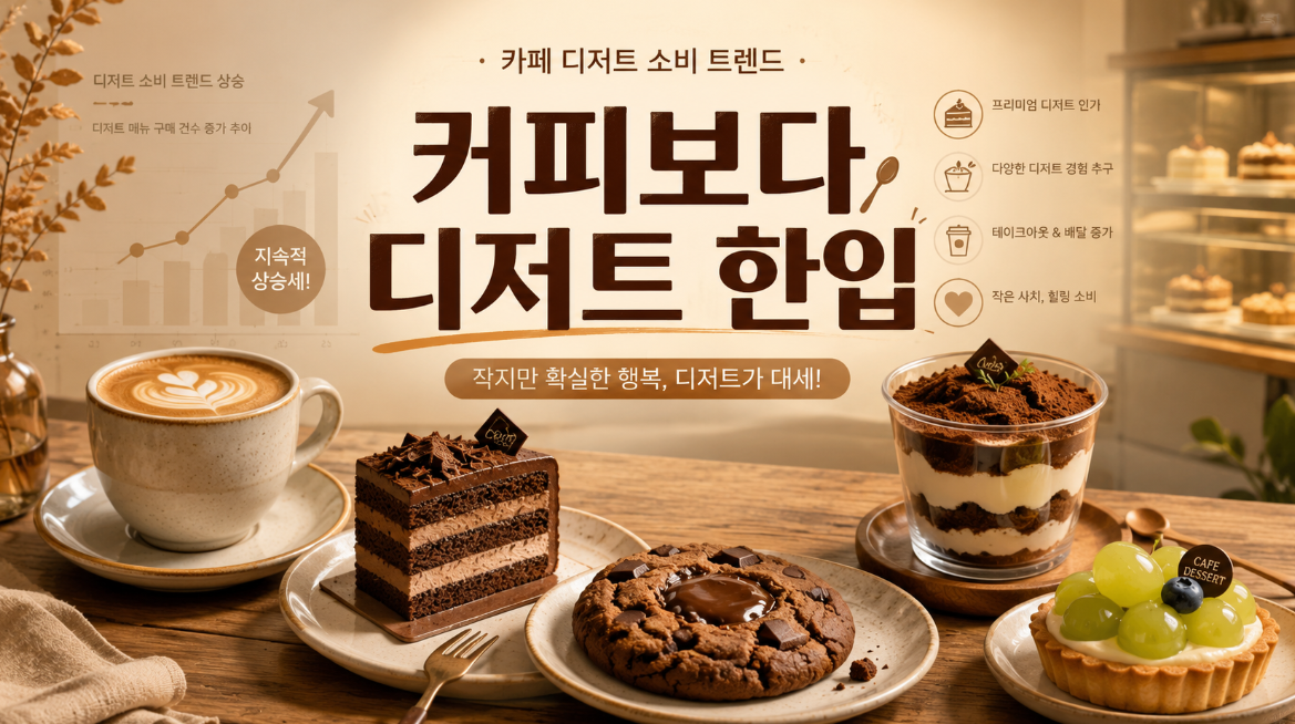 커피와 작은 케이크, 쿠키, 컵디저트가 놓인 카페 디저트 소비 트렌드 대표 이미지