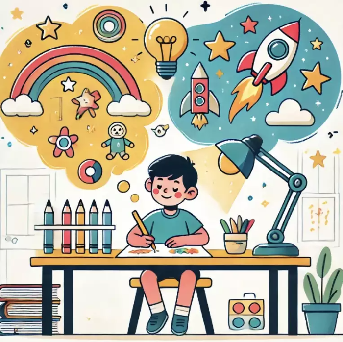 책상에 앉아 로켓, 책, 동물 등 자신의 꿈을 그림으로 그리고 있는 어린 아이. 밝고 즐거운 분위기 속에서 책과 무지개, 별 같은 동기 부여 요소가 주변에 배치되어 있으며, 교육이 꿈을 키워주는 힘을 상징하는 단순하고 따뜻한 일러스트.