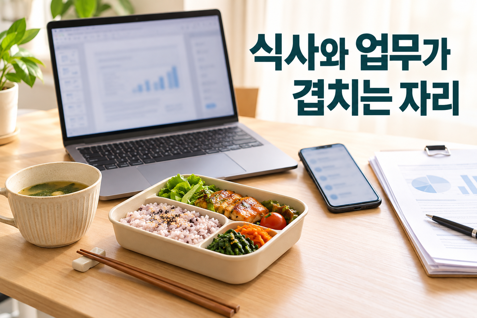 식사와 켜진 화면, 서류가 가까이 놓인 책상