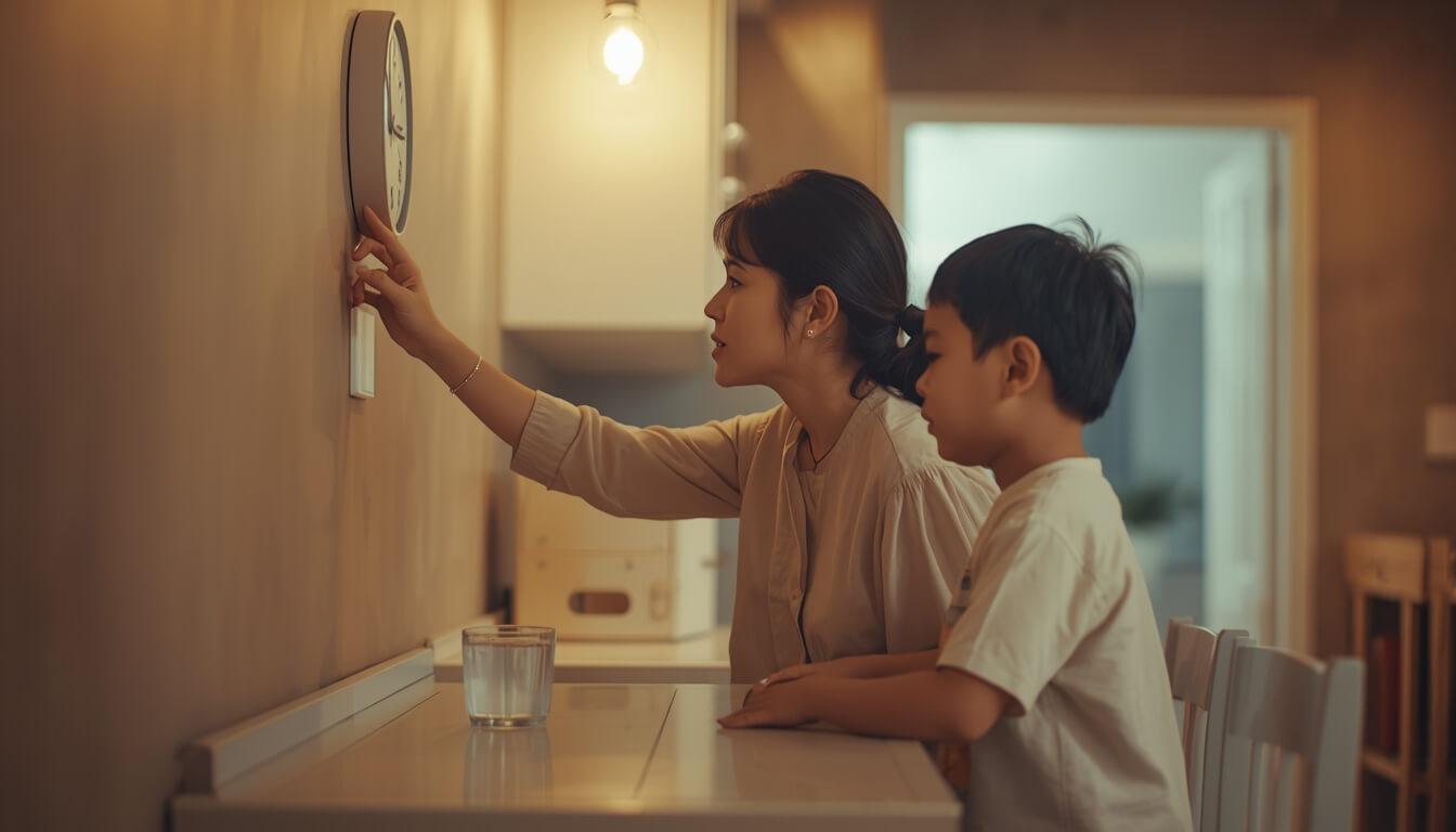 불소 도포 후 식사 시간을 기다리며 시계를 확인하는 엄마와 아들