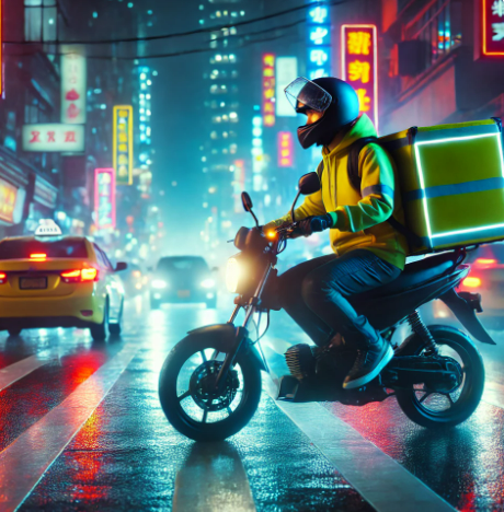 오토바이타고 배달하는 사진