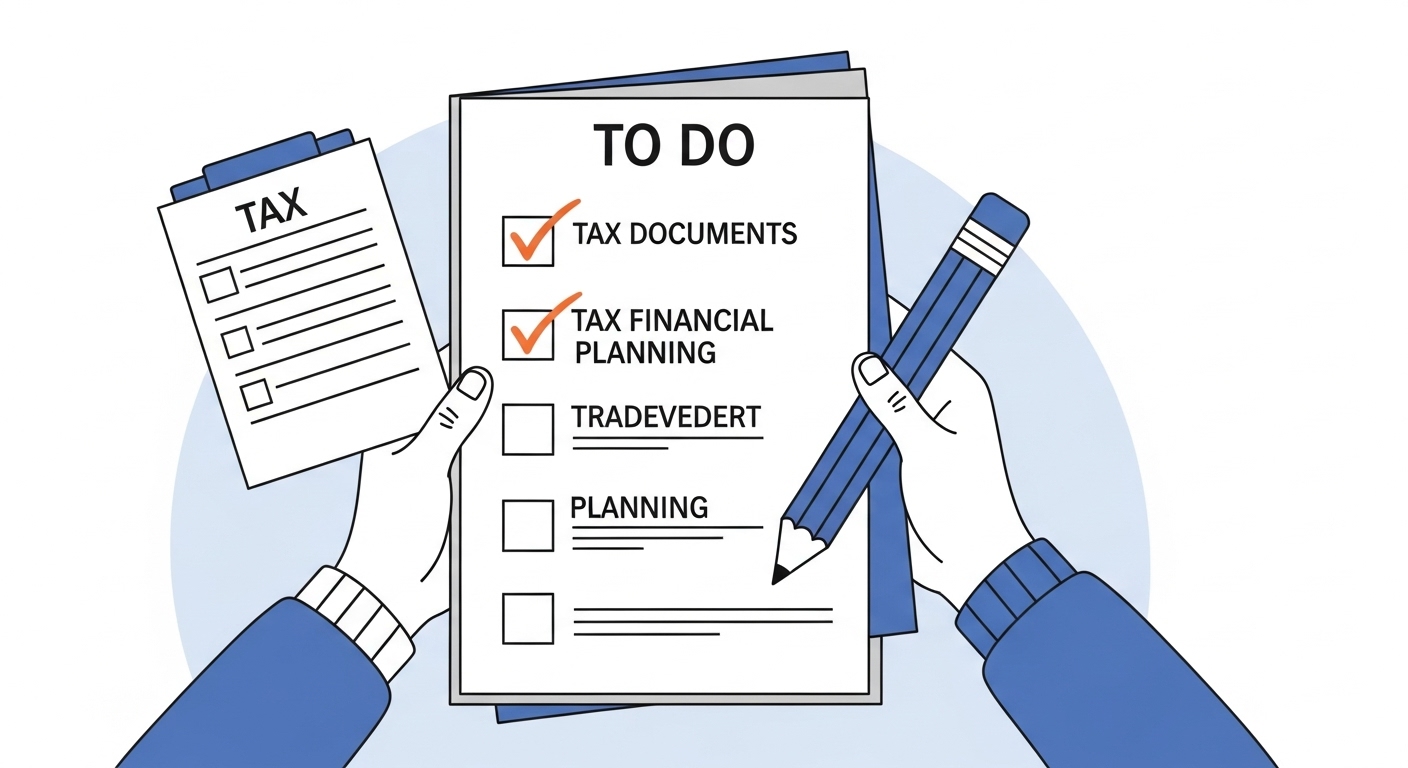 신혼부부가 연말정산 체크리스트를 꼼꼼히 확인하며 준비하는 모습을 담은 깔끔한 일러스트.