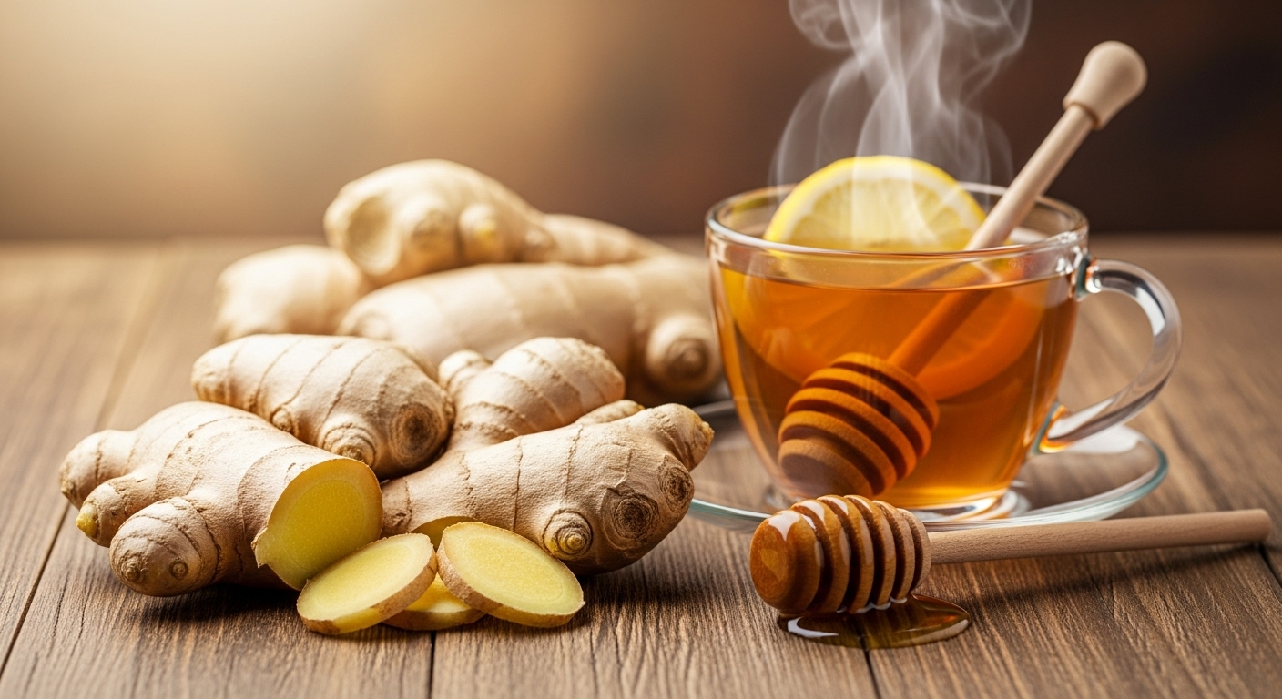 싱싱한 생강 뿌리와 따뜻한 생강차가 놓인 나무 테이블. 건강과 활력을 상징하며, 2025년 겨울철 건강 관리에 중요한 생강의 효능을 시각적으로 나타냅니다.