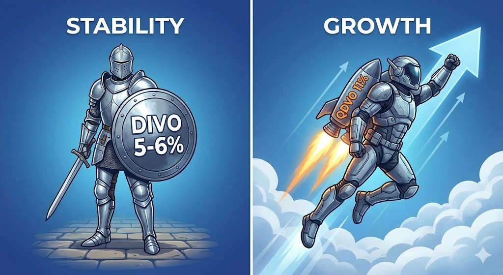 안정적인 방패를 든 기사(DIVO)와 강력한 로켓 엔진을 달고 날아가는 기사(QDVO)의 비교 인포그래픽