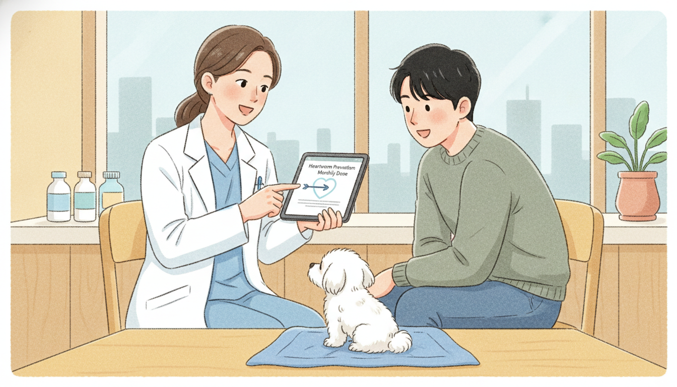 수의사가 보호자에게 강아지 심장사상충 예방 스케줄을 설명하고, 보호자가 경청하는 모습입니다. 동물병원 진료의 중요성을 강조합니다.