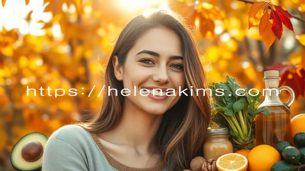 가을 환절기 분위기의 자연광 아래에서 건강한 피부를 가진 젊은 여성이 부드럽게 미소 짓고 있으며, 주변에는 가을 낙엽과 제철 식재료인 아보카도, 호두, 녹색 채소, 올리브오일, 감귤류 등이 놓여 있는 모습.