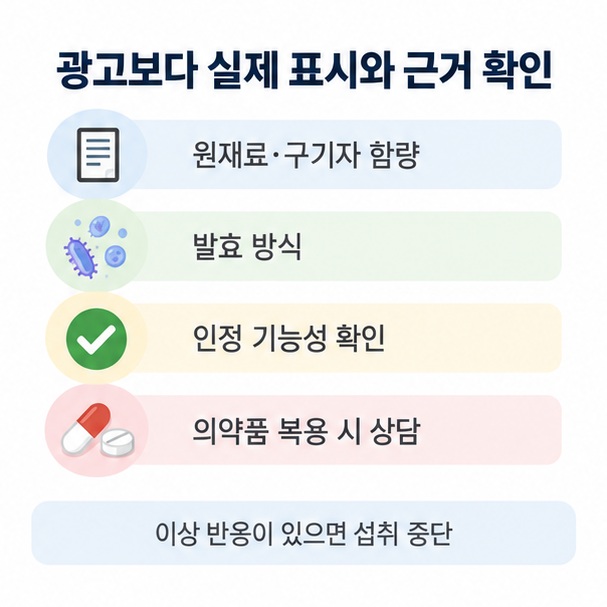 발효 구기자 제품의 원재료, 함량, 기능성 표시, 의약품 복용 여부를 확인하는 체크리스트 이미지