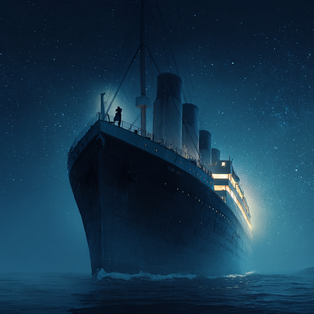 거대한 타이타닉호가 밤바다를 가르며 전진하는 장면
