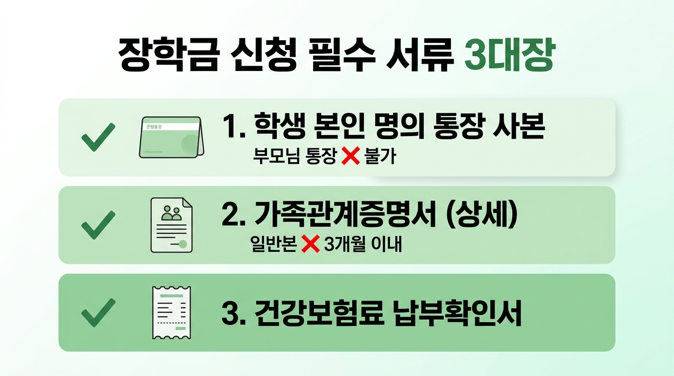 중고등학생 생활장학금 신청 시 반드시 준비해야 할 필수 서류 3가지 인포그래픽