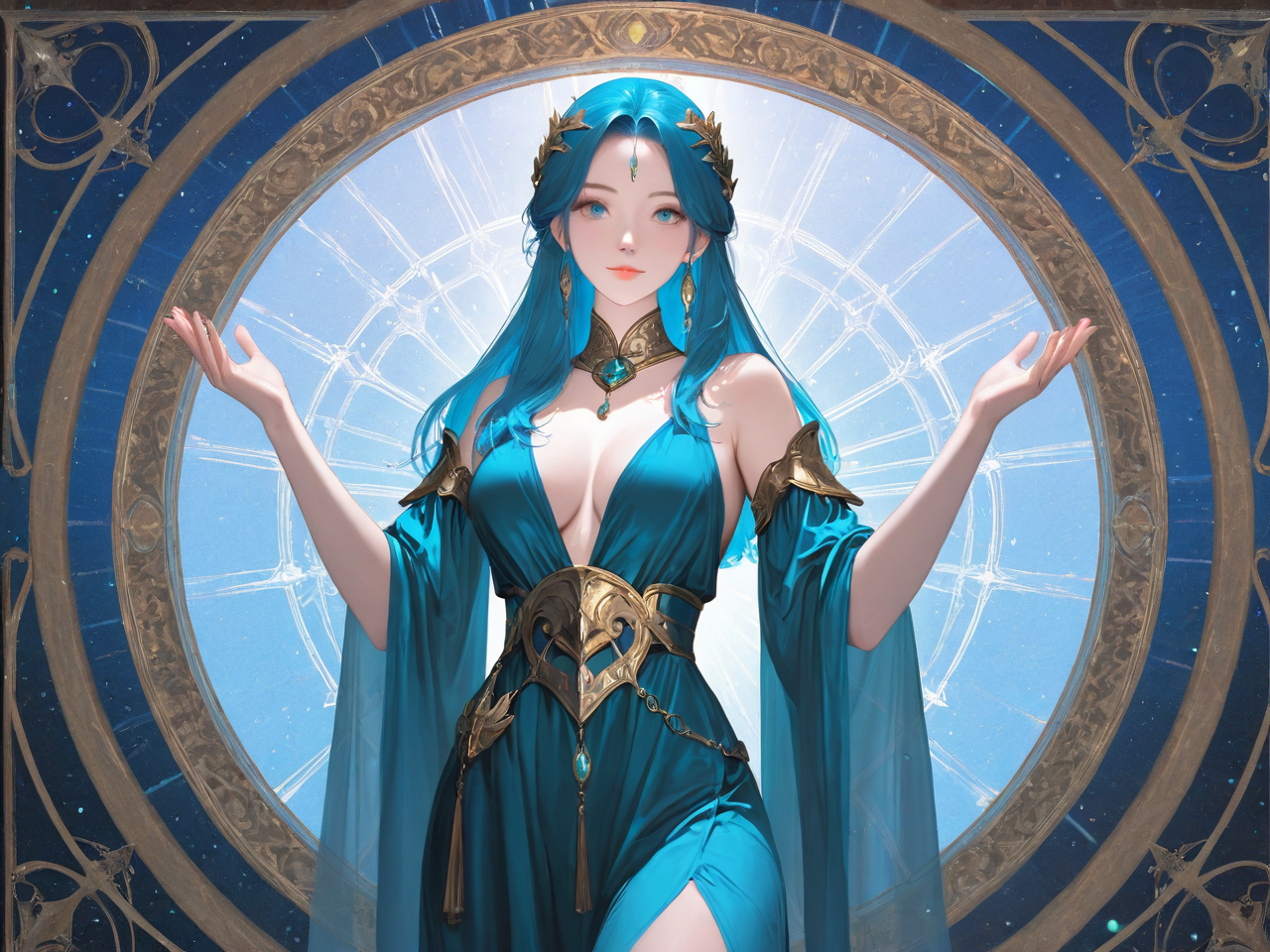 AI로 생성한 여신의 모습. 두 팔을 벌리고 서 있다.