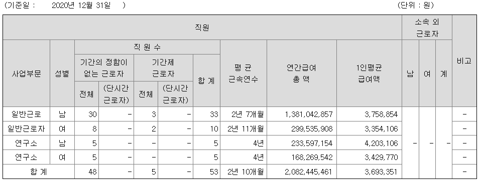 나노브릭 2020년 직원 연봉 및 임원연봉