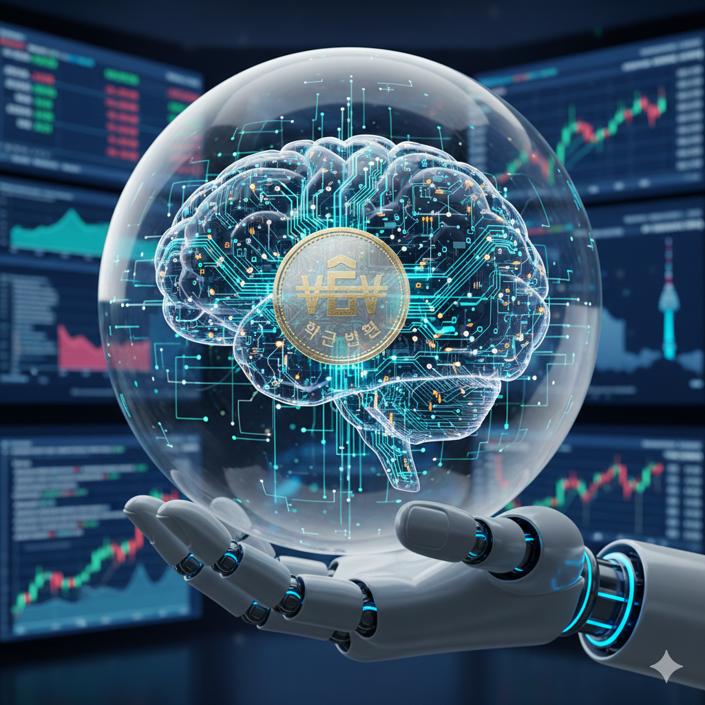 중앙은행의 금융 지능을 상징하는 투명한 유리 구체 안에 회로가 흐르는 인공지능 두뇌와 금빛 코인이 떠 있고 이를 정교한 로봇 손이 안전하게 받치고 있는 모습이에요. 배경에는 실시간 경제 지표를 나타내는 파란색 스크린과 서울의 야경이 선명하게 펼쳐져 있어 금융과 첨단 기술의 결합을 시각적으로 보여줘요.