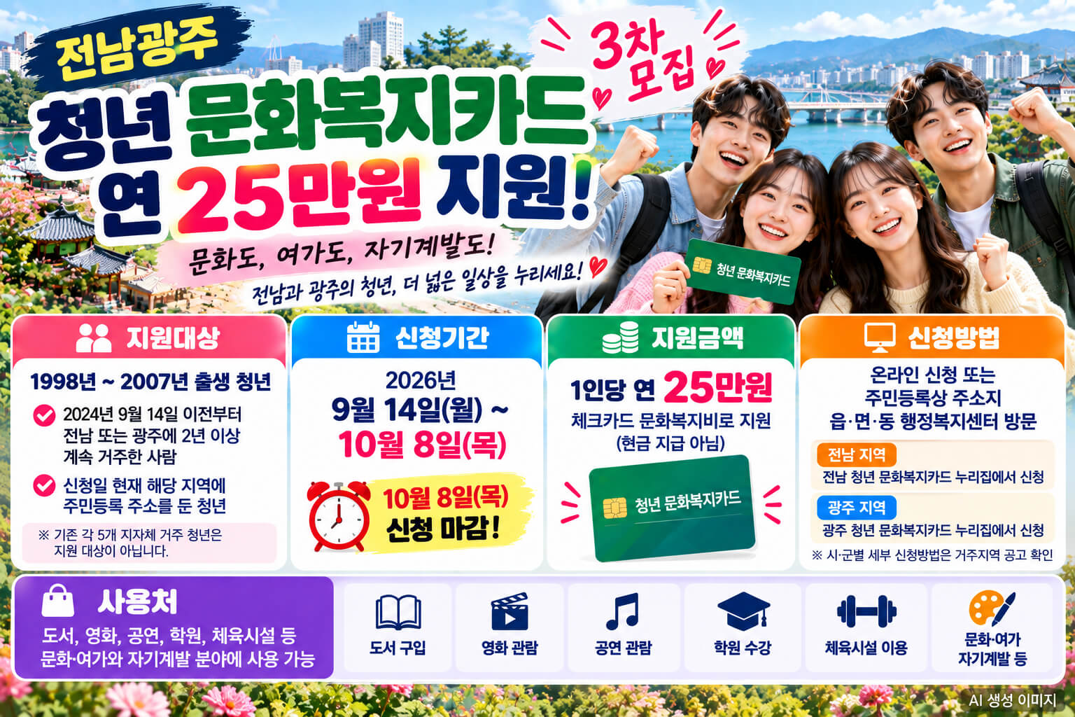 전남광주 청년 문화복지카드 연 25만원 지원과 신청기간을 안내하는 이미지