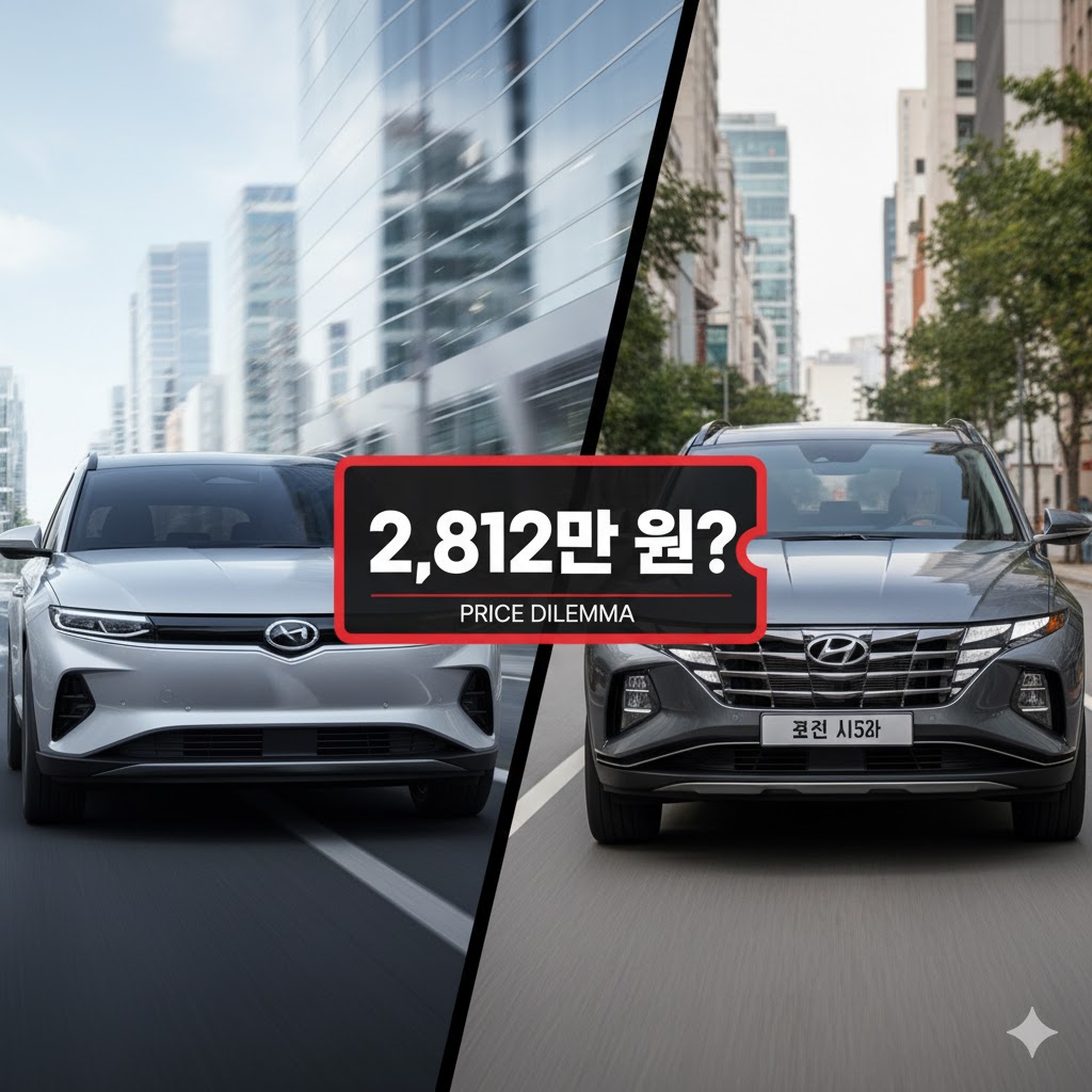 GAC 아이온 i60과 투싼/스포티지가 나란히 서 있고, "2812만 원?"이라는 가격표가 붙어있는 이미지