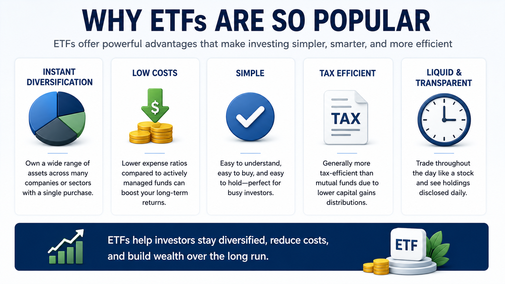 Key benefits of ETFs including diversification, low fees, tax efficiency, transparency, and long-term investing advantages