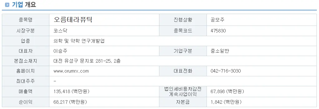 오름테라퓨틱 기업 개요