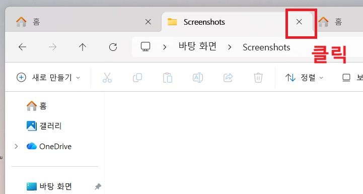 화면 상단의 탭 이름 옆에 X 표시 보임