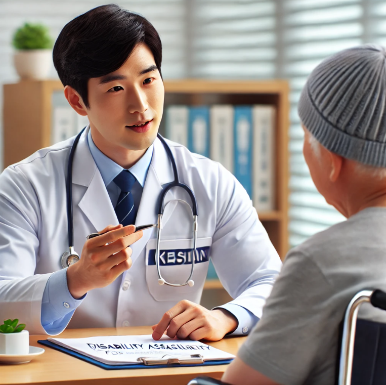 장애 연금 자격을 평가하는 의료 전문가와 상담 중인 모습