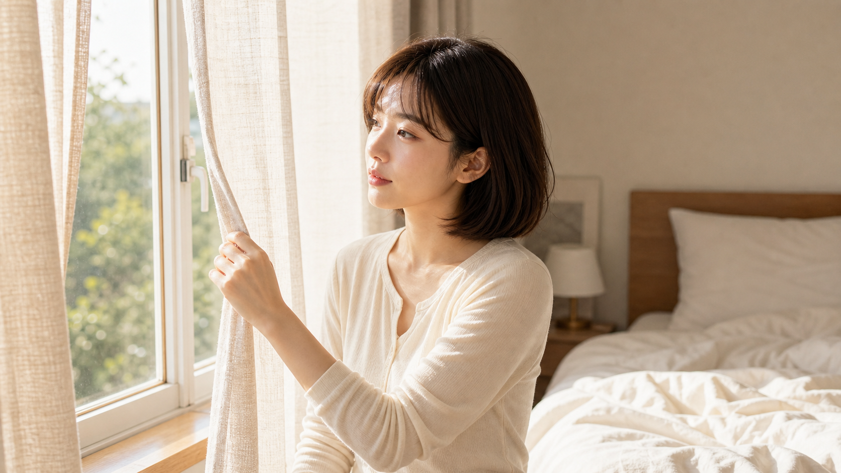 서윤이 아침 햇빛이 들어오는 침실에서 커튼을 살짝 여는 장면