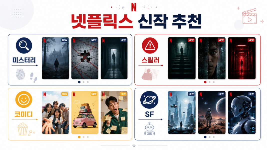 넷플릭스 신작 드라마 추천작을 장르별로 정리한 인포그래픽