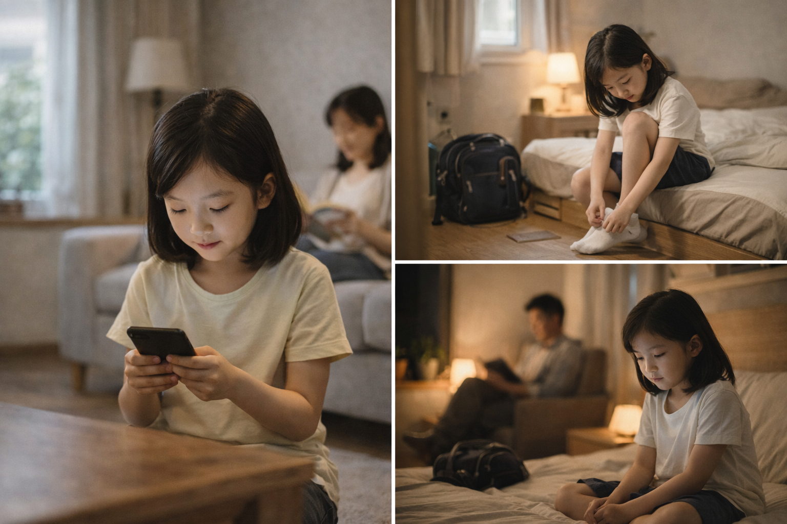 집에서 차분하게 시간을 보내고 있는 초등 고학년 아이와 같은 공간에 있는 부모의 모습