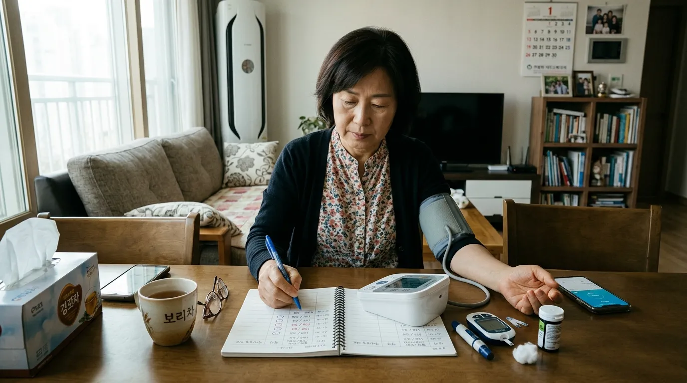 혈압 혈당 건강 루틴 체크리스트를 손으로 확인하는 장면