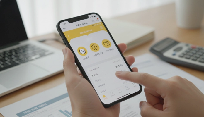 카카오뱅크 앱으로 휴대폰 요금 자동이체 설정, 체크카드 사용, 카카오페이 결제를 하는 손의 모습, 통신등급 관리를 위한 스마트폰 활용.