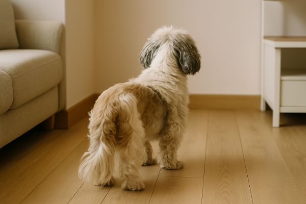 거실 구석을 멍하니 바라보고 서 있는 노령견의 뒷모습. 인지장애의 '방향감각 상실' 증상을 시각적으로 보여줍니다.