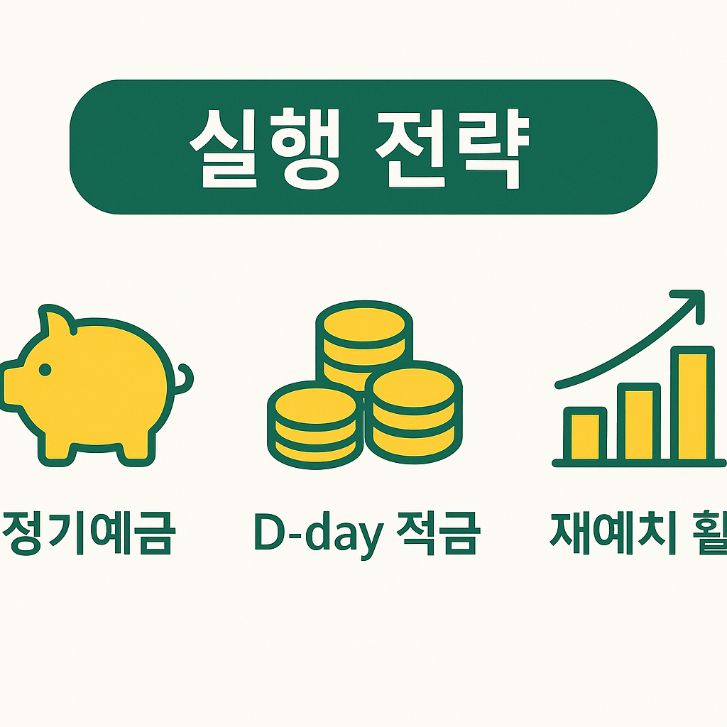 기업은행 이자 두 배를 위한 실행 전략으로 정기예금, D-day 적금, 재예치 활용 방법을 설명한 인포그래픽입니다.