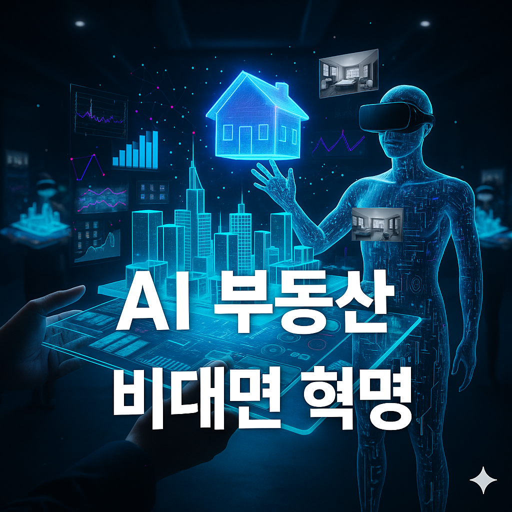 AI 기술을 기반으로 한 비대면 부동산 혁신을 표현한 이미지로,
가상현실(VR)과 데이터 분석을 통해 스마트하게 집을 탐색하는 미래형 부동산 서비스를 상징합니다.
